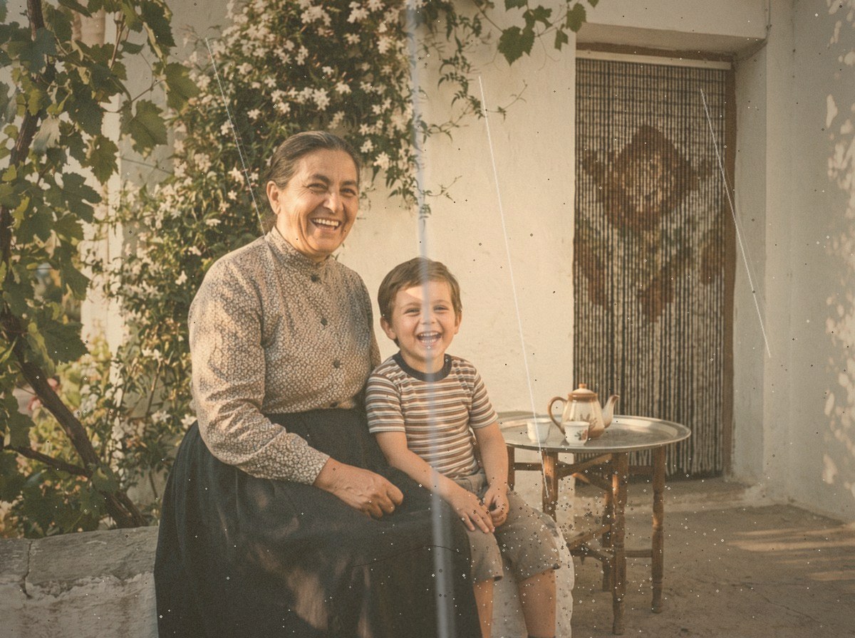 Una fotografía de 1978 de una abuela riendo en una banca de piedra en un patio, con su nieto pequeño sentado a su lado.